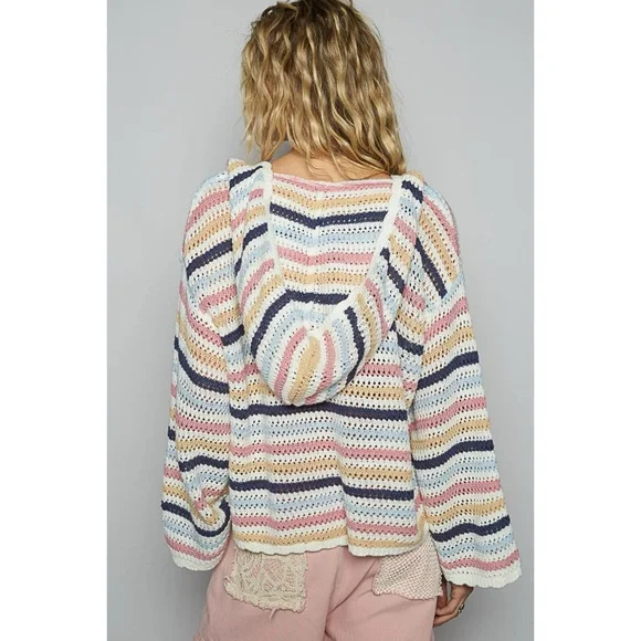 POL Striped Open Knit Hoodie Sweater V Neck Heart Patch Pullover - Picture 3 of 5